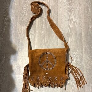 Suede Fringe Crossbody Bag with Peace Symbol